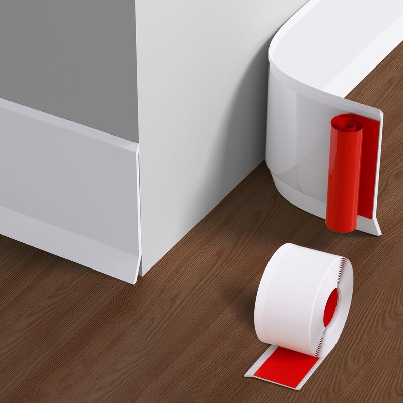 PATTENGO Flexible Baseboard Molding Trim  4 Inch Vinyl Wall Base with Wider Self-Adhesive Peel and Stick Cove Base  Rubber Wall Base Moulding Trim  20 Feet  White - Image 1
